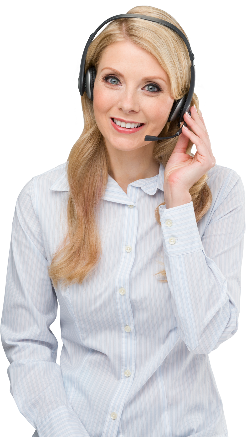 Friendly female customer service representative with long light blond hair in business casual outfit talking on headset - Isolat